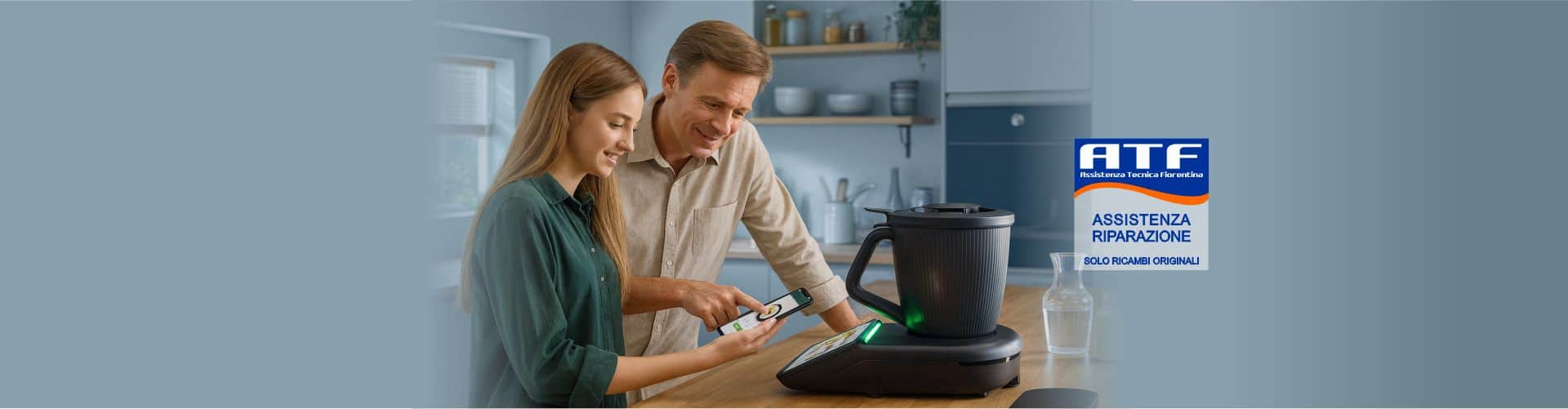 padre e figlia in cucina consultano le ricette Bimby sul cellulare accanto al dispositivo Bimby che rende la cucina facile, veloce ed appetitosa