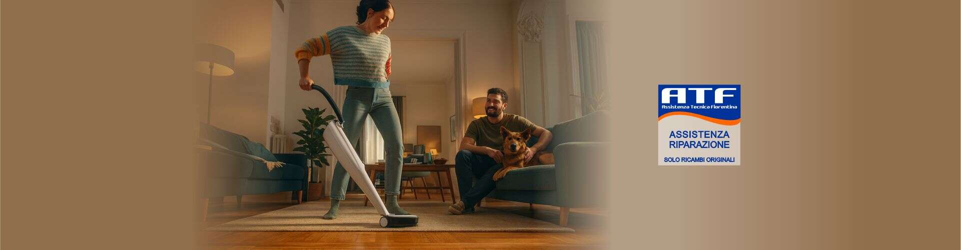 una donna pulisce in modo dinamico il tappeto, sulla destra un divano con un uomo ed un cane. l'aspirapolvere folletto senza filo permette massima libertà potenza di aspirazione e igiene anche con chi ha animali domestici.