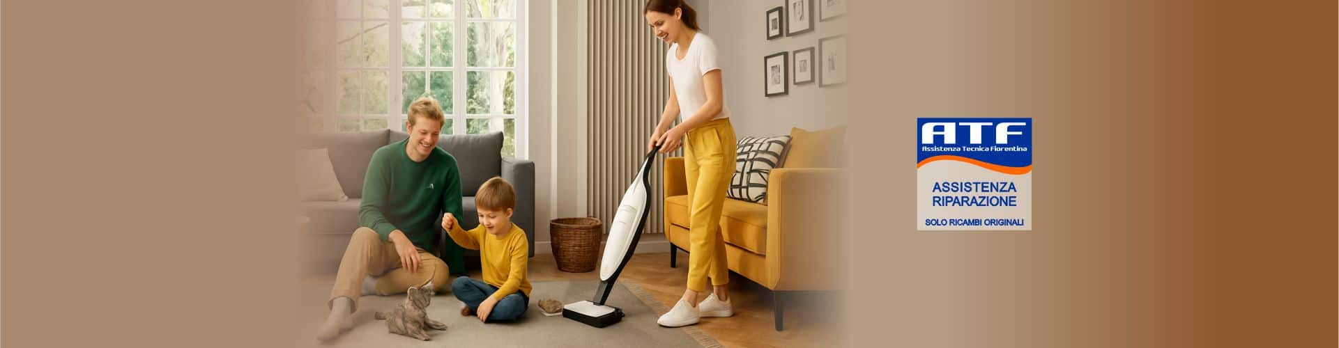 una dopolvere folletto per pulire le superfici domestiche il padre ed il bambino sulla sinistra giocano sul tappeto. L'aspirapolvere folletto permette di raggiungere elevati livelli di igiene grazie ad un aspirazione potente e continua. con filtri per non disperdere le polveri nell'ambiente.